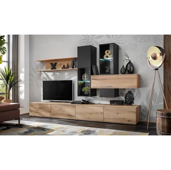 Obývací stěna Moderní NÁBYTKOVÁ STĚNA CRUZ - RTV Skříňky Vitríny LED - Dub Coast Evoke + Černá