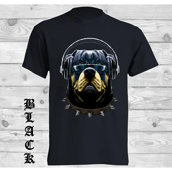 Pánské tričko levne-bavlnene-vtipne-tricko-potisk-rotvajler-bryle-sluchatka Barva: Black -černá, velikost: S