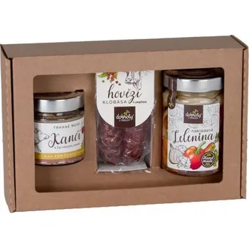 Dárkový potravinový koš Dárková sada 3 ks, Dobroty z přírody Kančí trhané maso + Hovězí klobása +Zelenina, papírová kazeta