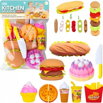 Dětská kuchyňka KUCHYŇSKÁ SADA PRODUKTY DO KUCHYNĚ DORT ZMRZLINA BURGER SENDVIČ HRANOLKY