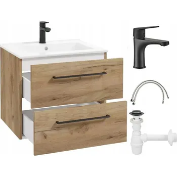 Koupelnový nábytek Závěsná koupelnová skříňka s umyvadlem dub craft 60x50 cm + baterie + sifon