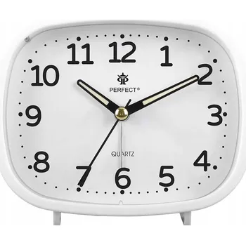 Budík Bílý analogový budík s plynulým chodem, odložením buzení a podsvícením, na baterie