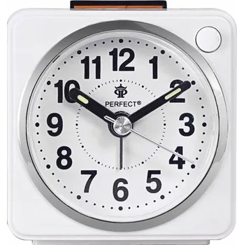 Budík Bílý analogový budík s plynulým chodem, odložením buzení a podsvícením, na baterie