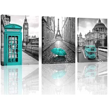 Obraz Sada 3 fotoobrazů 30x40 cm: Evropská města, šedá a tyrkysová barva