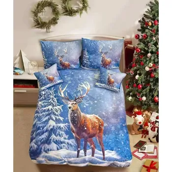 Povlečení BLACK FRIDAY 2025 ! Sada vánočního bavlněného povlečení s 3D efektem pro 2 postele 140x200/70x90 cm – VÁNOCE / MERRY CHRISTMAS - JELEN zimní motiv + prostěradlo zdarma