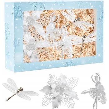 Vánoční dekorace Stříbrné ozdoby na vánoční stromeček VÁNOČNÍ BAŇKY NA VÁNOCE květina baletka vážka