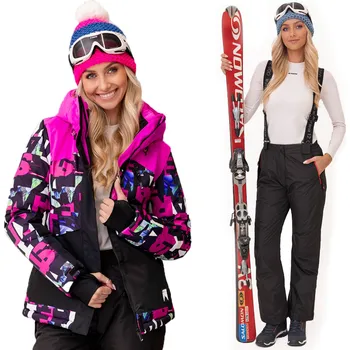 Snowboardové kalhoty BAREVNÝ DÁMSKÝ ZIMNÍ KOMBINEZÓN S POTISKEM PÍSMEN NA LYŽE / NA SNOWBOARD - VELIKOST S