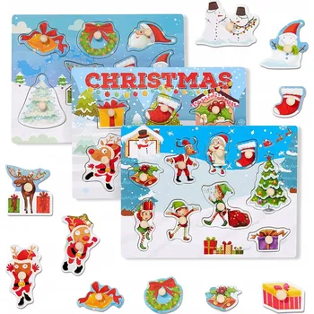 Dřevěná hračka Dřevěné vánoční puzzle pro děti, vkládačka tvarů, 30x23 cm