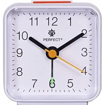 Budík Bílý analogový budík s plynulým chodem, odložením buzení a podsvícením, na baterie