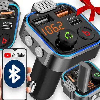 BLUETOOTH 5.0 FM TRANSMITTER NABÍJEČKA USB PD 20W SILNÝ MIKROFON