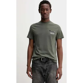 Pánské tričko Bavlněné tričko Tommy Jeans pánské, zelená barva, s potiskem, DM0DM22049 97X, vel. M