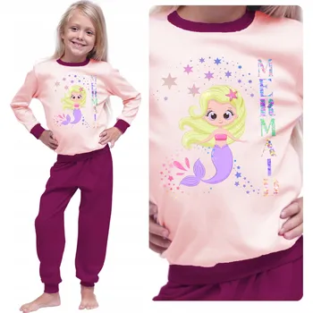 Dívčí pyžamo BAVLNĚNÉ PYŽAMO PRO DÍVKY DLOUHÝ RUKÁV POTISK MOŘSKÁ PANNA TEPLÉ VEL. 98