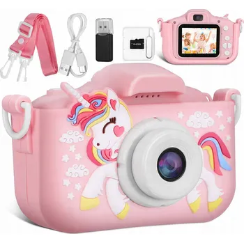 Digitální kompakt DĚTSKÝ DIGITÁLNÍ FOTOAPARÁT S DVOJITOU KAMEROU A SELFIE FUNKCÍ FULL HD JEDNOROŽEC + 64GB KARTA