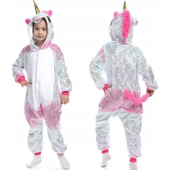 Dámské pyžamo ZLATÉ PYŽAMO JEDNOROŽEC PRO DĚTI, PLYŠOVÁ KOMBINÉZA S KAPUCÍ VEL 140