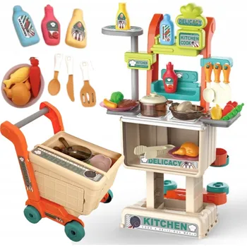 Dětská kuchyňka DĚTSKÁ KUCHYŇKA NÁKUPNÍ VOZÍK HRA NA KUCHAŘE OBCHOD HRNCE PRODUKTY