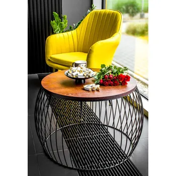 Konferenční stolek Konferenční stolek kulatý loft černý kovový dřevěný stůl lavice hnědý 60 cm