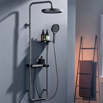 Sprchový set SPRCHOVÝ SLOUPEK S BATERIÍ, DEŠŤOVOU HLAVICÍ A SPRCHOVÁ HLAVICE, BARVA GUN GREY, S LED OSVĚTLENÍM