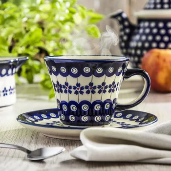 Keramický šálek na kávu a čaj s podšálkem Bolesławiec 250 ml - dek. 166A