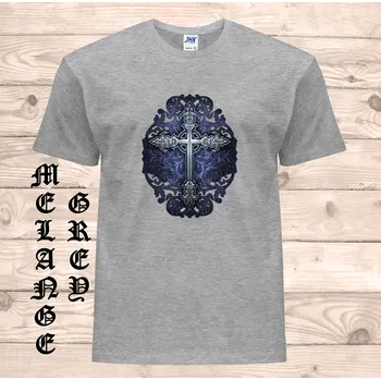 Pánské tričko levne-bavlnene-tricko-potisk-goticky-kriz Barva: Grey melange - šedá směs, velikost: 5XL