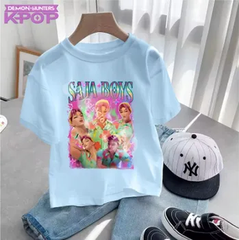 Dívčí tričko KPop Demon Hunters (Lovkyně démonů) KPop Demon Hunters dětské tričko s potiskem - Saja Boys (různé barvy) Barva: modrá (15), Velikost: 100