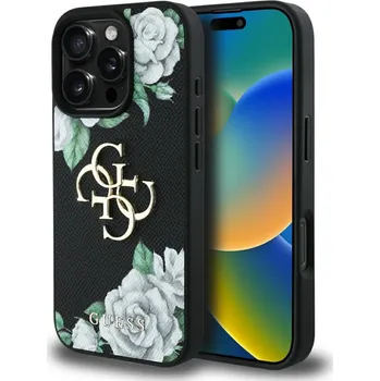 Pouzdro na mobilní telefon Guess Hardcase 4G Grained Roses Big Logo iPhone 16 Pro Max Černá