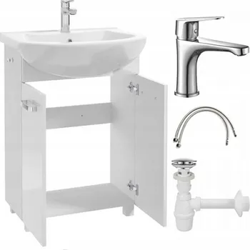 Koupelnový nábytek Koupelnová skříňka s umyvadlem, baterií a sifonem 60 cm, stojící, bílý lesk