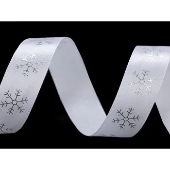 Stuha Saténová stuha vločky šíře 20 mm vánoční, velké, 1 bílá stříbrná