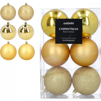 Vánoční dekorace BOMBKI CHOINKOWE duże 8 cm 6 sztuk złote sada matné, lesklé, s brokátovým zdobením