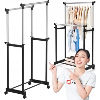 Věšák Stojanový věšák na oblečení dvojitý s kolečky, přenosná šatní skříň