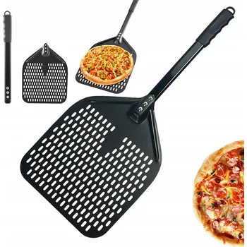 Lopata na pizzu PERFOROVANÁ LOPATA NA PIZZU 72X30CM HLINÍKOVÁ ČERNÁ S RUKOJETÍ