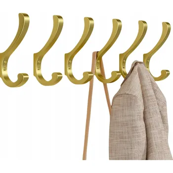 Věšák Nástěnný věšák na oblečení, kovový, zlatý, 6 ks, 7 x 13,9 cm