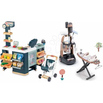 Hračka Set úklidový vozík a supermarket Rowenta Trolley Upright Hoover Smoby a tyčový vysavač se žehlicím prknem