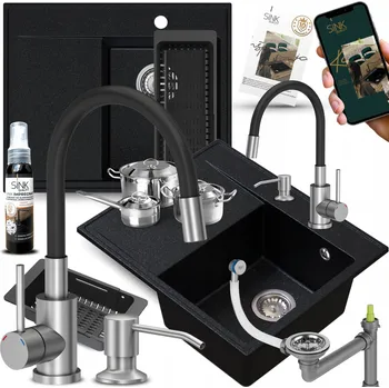 Granitový dřez GRANITOVÝ DŘEZ S DÁVKOVAČEM A BATERIÍ černý metalický PRAVÁ VANA