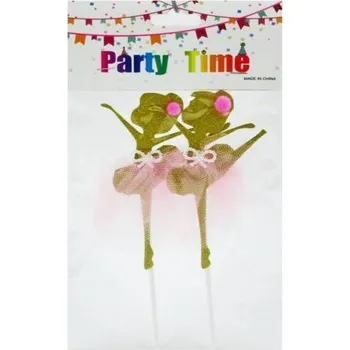 Jedlá dekorace na dort Zápich do dortu Baletky s bambulkou zlaté s růžovou sukní (2 ks) ▹