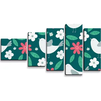 Obraz Sablio Obraz - 5-dílný Červené kvítí s ptáčky - 100x60 cm