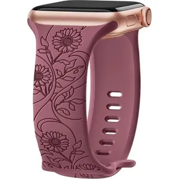 Květinový gravírovaný řemínek 38 40 41 mm pro Apple Watch S1–S10 SE Laserový silikonový pásek se slunečnicemi Francouzský romantický design fialová