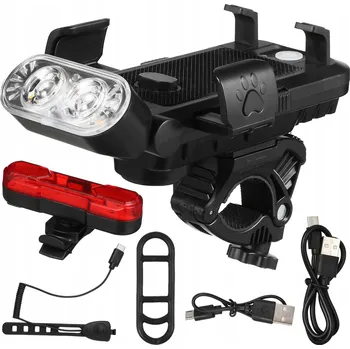 Cyklosvítilna Sada 4 v 1 světel na kolo s držákem na telefon, klakson 130 dB, powerbanka 4000 mAh