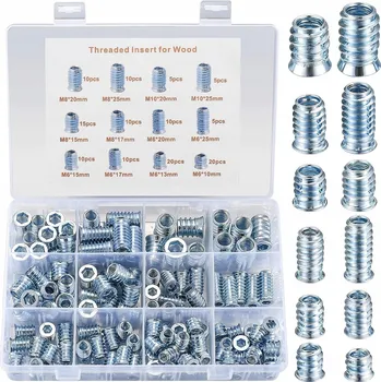 Spojovací materiál Závitová vložka do dřeva, dvouzávitová, šroubovací, matice M6/M8/M10, sada 130 kusů
