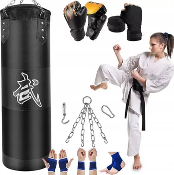 Bojový sport BOXERSKÝ PYTEL / BOXOVACÍ PYTEL PRÁZDNÝ Odolný Černý 120x40cm + RUKAVICE