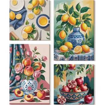 Obraz Sada obrazů na plátně na zeď do obýváku Květiny Ovoce ve vázách