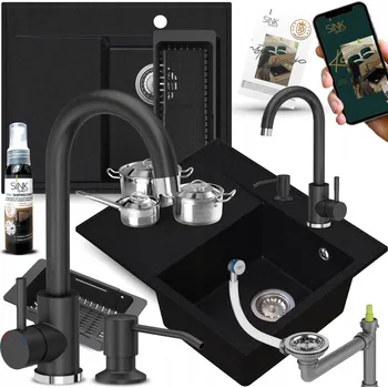 Granitový dřez GRANITOVÝ DŘEZ s DÁVKOVAČEM + BATERIE černý s tečkami PRAVÁ VANA