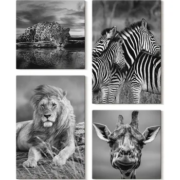 Obraz Sada Obrazů na Plátně Set Divoká Zvířata Lev Jaguar Žirafa Zebry