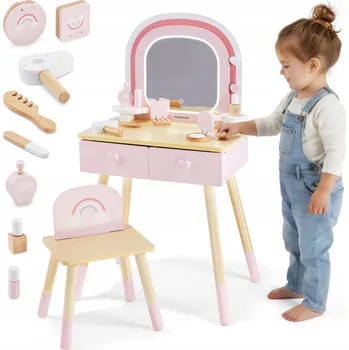 dětský toaletní stolek Dřevěný toaletní stolek pro děti s LED osvětlením, židličkou a příslušenstvím