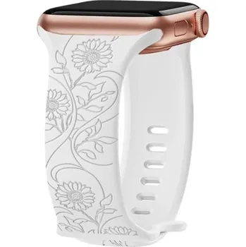 Ostatní příslušenství k chytrým hodinkám Květinový gravírovaný řemínek 42 mm pro Apple Watch Series 10 Laserově zdobený silikonový pásek se slunečnicemi Francouzský romantický styl bílá