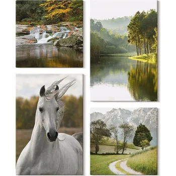 Obraz Dekorativní Sada Obrazů Tištěných na Plátně Bílí Koně Řeka Příroda