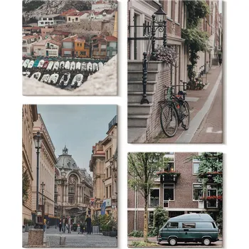 Obraz Dekorativní Sada Obrazů Tištěných na Plátně – Městské Scenérie a Budovy