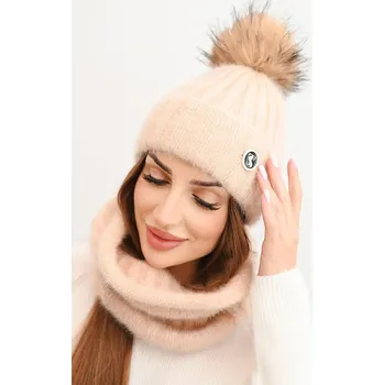 Dámská halenka Dámská zimní souprava s bambulí a nákrčníkem béžová UNI