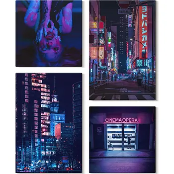 Obraz Sada obrazů na plátně na zeď do obýváku Noční město s neony