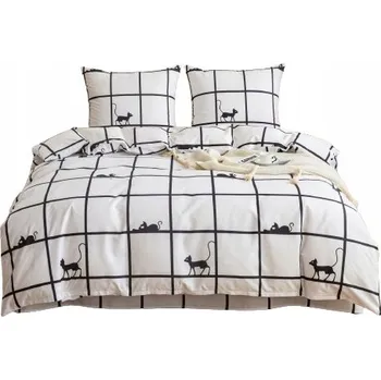 Povlečení Sada Povlečení na Dvoulůžko Vzor Kostka s Kočkami 220x200 cm se 2 Povlaky na Polštáře 70x80 cm