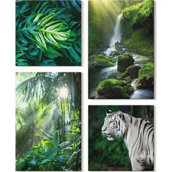 Obraz Sada nástěnných dekorací Obraz Na Plátně Džungle Bílý tygr Vodopád